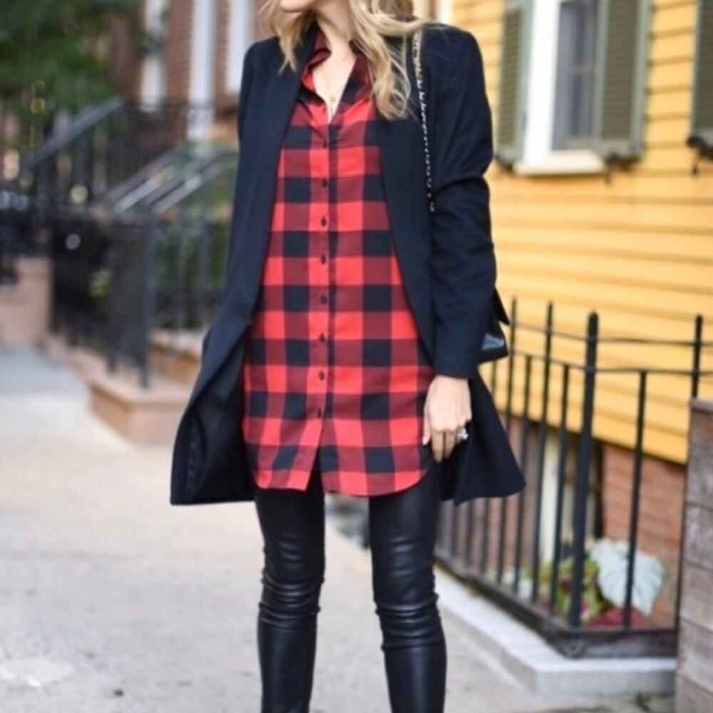 BB Dakota Buffalo Plaid Button Down Tunic Shirt Red Black XS Preppy - Picture 2 of 13